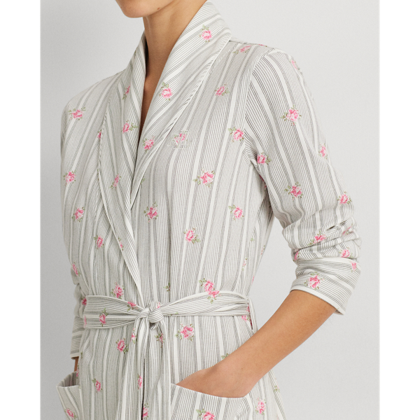 White Floral Floral Striped Shawl-Collar Robe Lauren 6