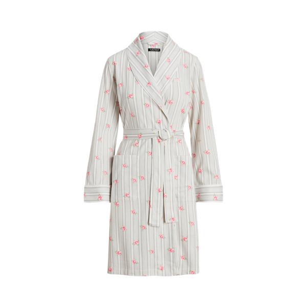 White Floral Floral Striped Shawl-Collar Robe Lauren 2