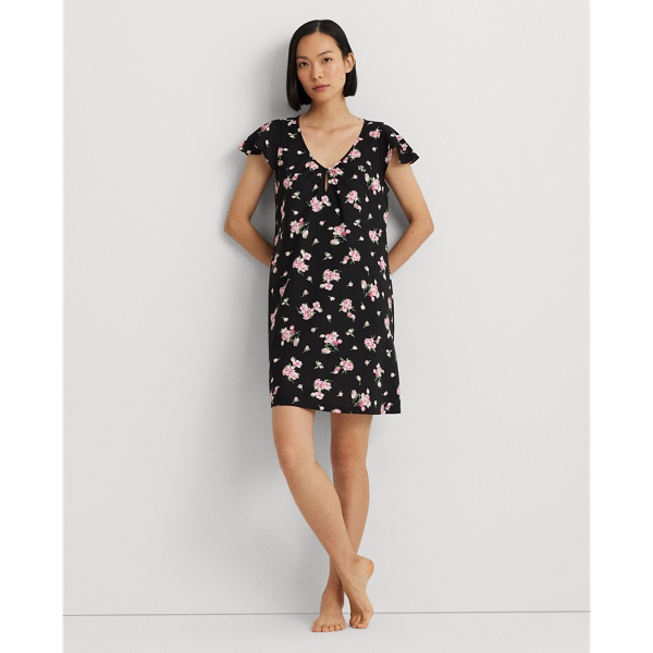 Floral Poplin Flutter-Sleeve Nightgown