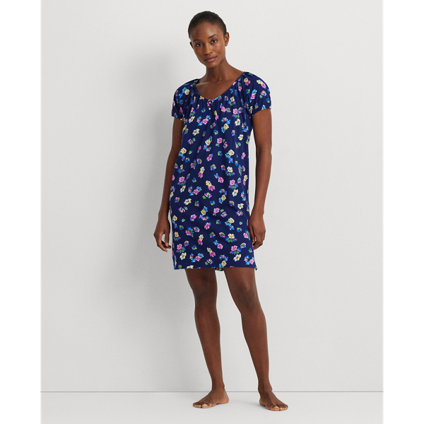 Navy Print Floral Cotton-Blend-Jersey Nightgown Lauren 1