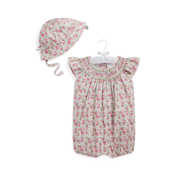 Floral Hand-Smocked Shortall & Hat Set