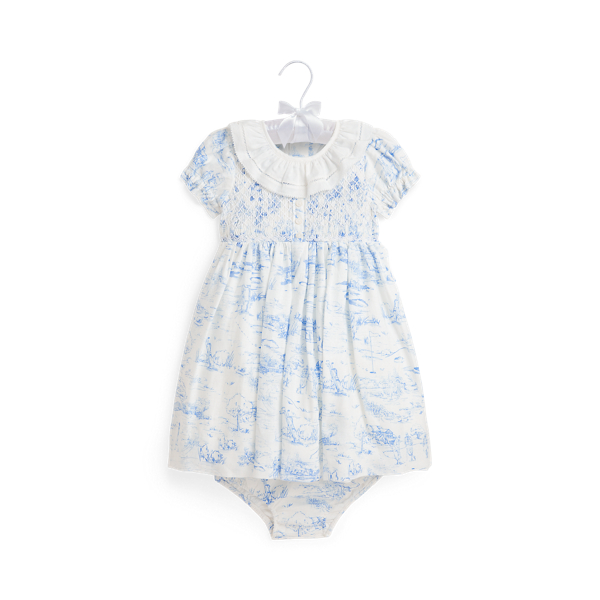 Hand-Smocked Toile Linen Dress &amp; Bloomer Baby Girl 1