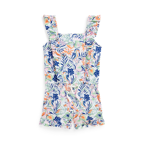 Tropical-Print Ruffled Cotton Playsuit