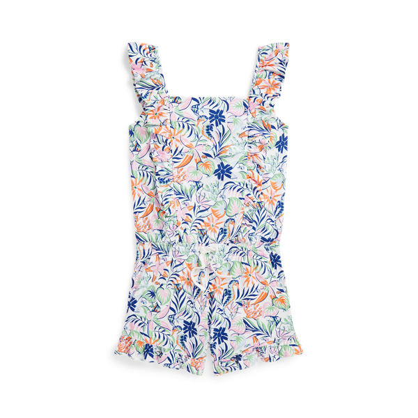 Tropical-Print Ruffled Cotton Romper