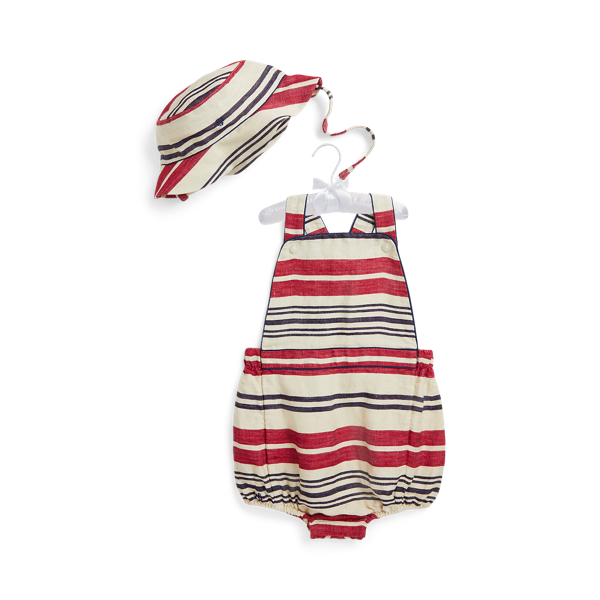 Striped Linen Bubble Shortall & Hat Set