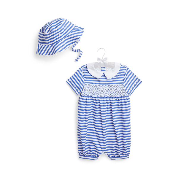 Hand-Smocked Cotton Shortall & Hat Set