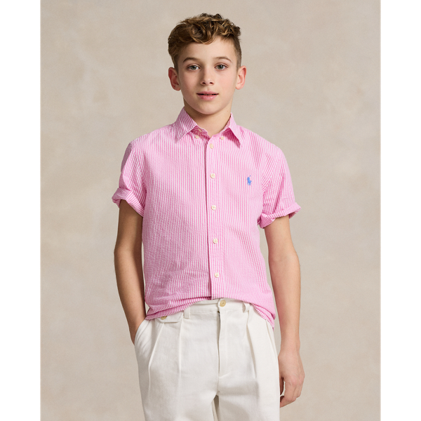 Rose/White Striped Seersucker Short-Sleeve Shirt Boys 8-20 1