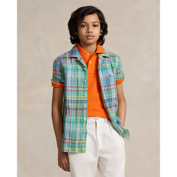 Green/Yellow Multi Plaid Linen Camp Shirt Boys 8-20 1