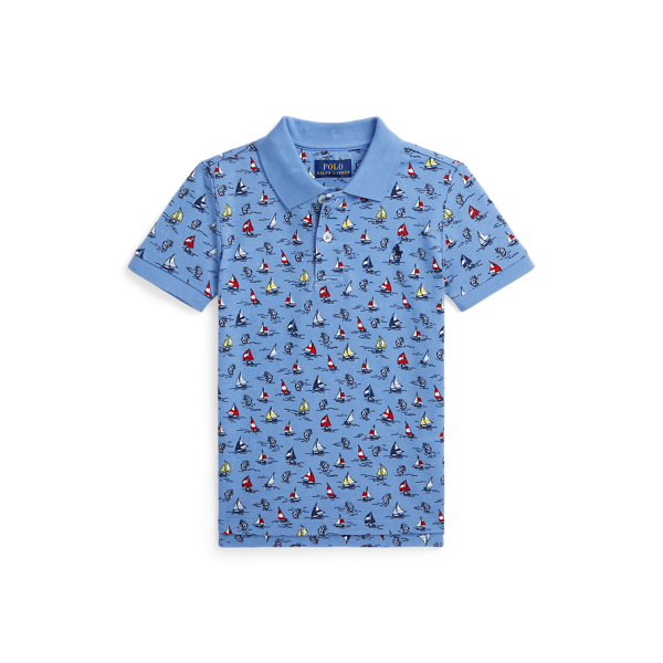 Sailboat-Print Cotton Mesh Polo Shirt