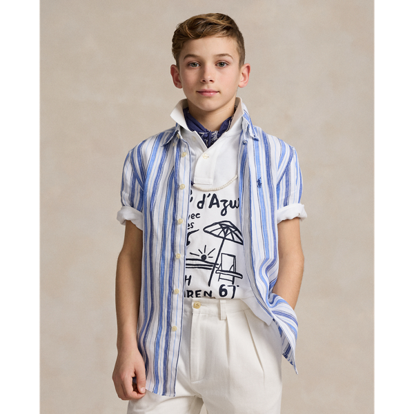 White Blue Multi Striped Linen Short-Sleeve Shirt Boys 8-20 1