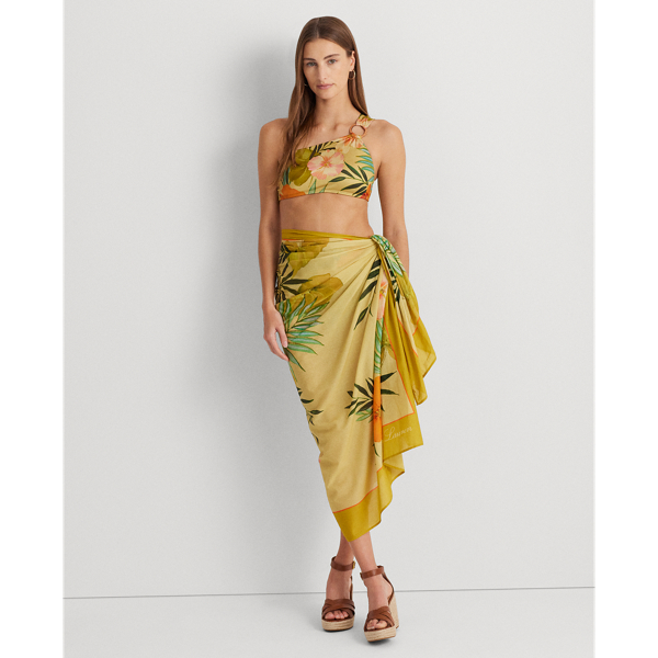 Tropical-Print Cotton Voile Wrap Skirt