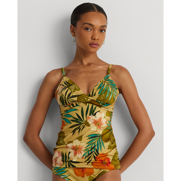 Tropical-Print Surplice Tankini Top