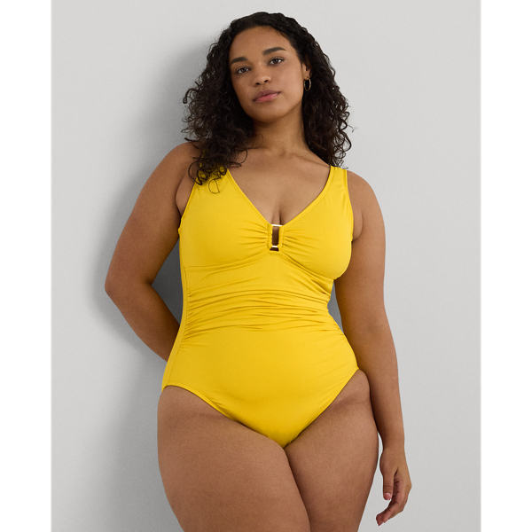 Bright Yellow Shirred Ring-Front One-Piece Lauren Woman 1