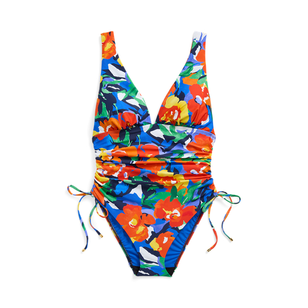 Blue Multi Floral Shirred V-Neck One-Piece Lauren Woman 2