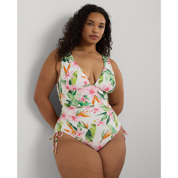 White Multi Floral Shirred V-Neck One-Piece Lauren Woman 1