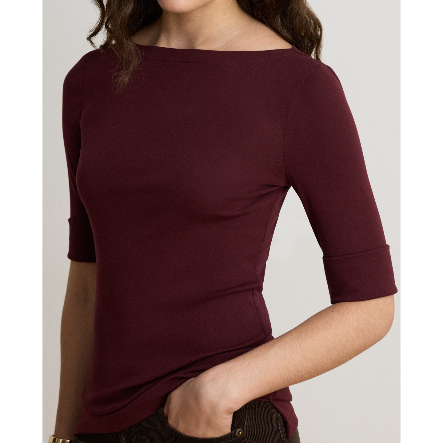 Женская футболка Ralph Lauren Stretch Cotton Boatneck, цвет: Тёмный гранатовый — фото 3