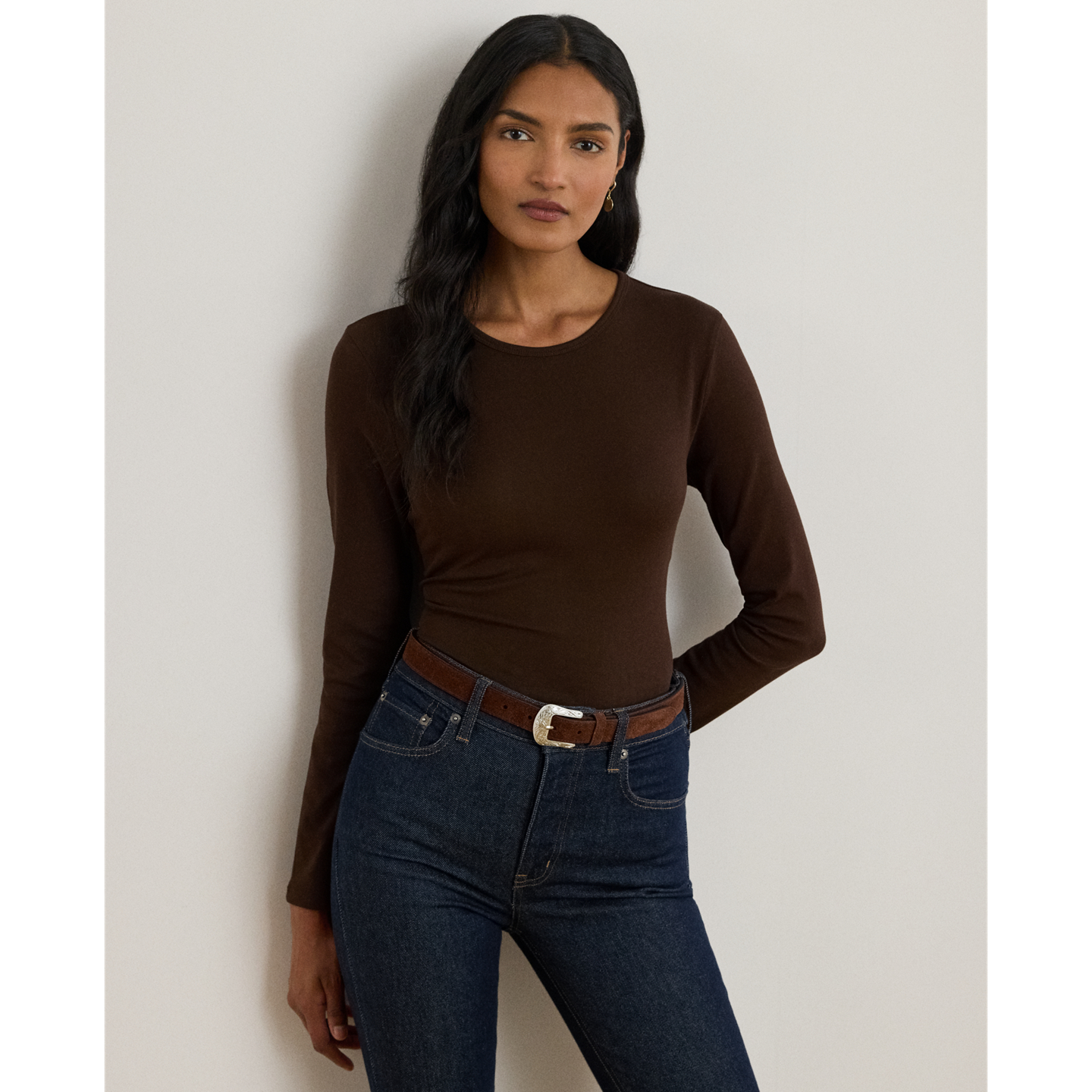 Женская футболка Ralph Lauren Stretch Cotton Long-Sleeve Tee, цвет: Коричневый — фото 4