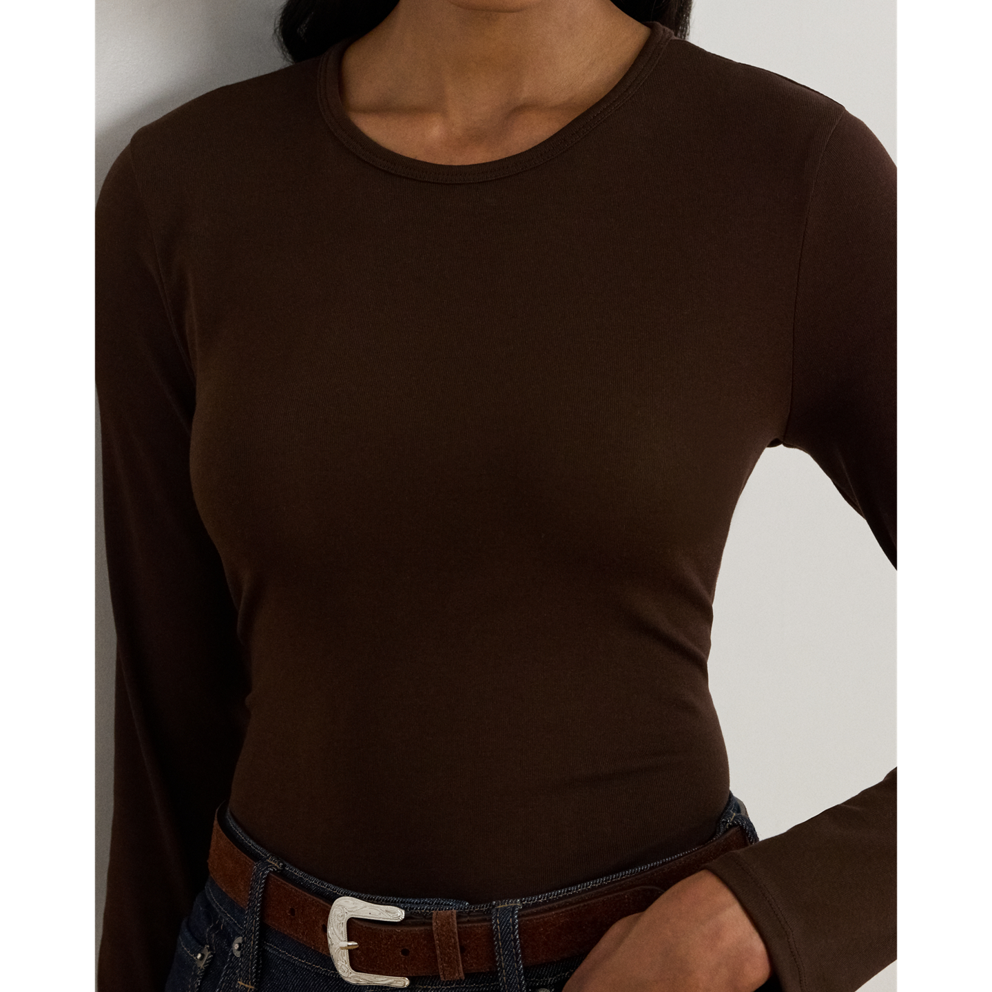 Женская футболка Ralph Lauren Stretch Cotton Long-Sleeve Tee, цвет: Коричневый — фото 3