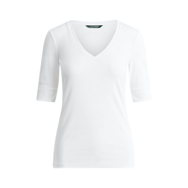 Stretch Cotton Elbow-Sleeve V-Neck Tee for Women | Ralph