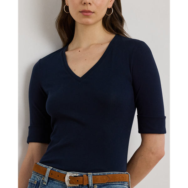 Stretch Cotton Elbow-Sleeve V-Neck Tee for Women | Ralph Lauren® IN