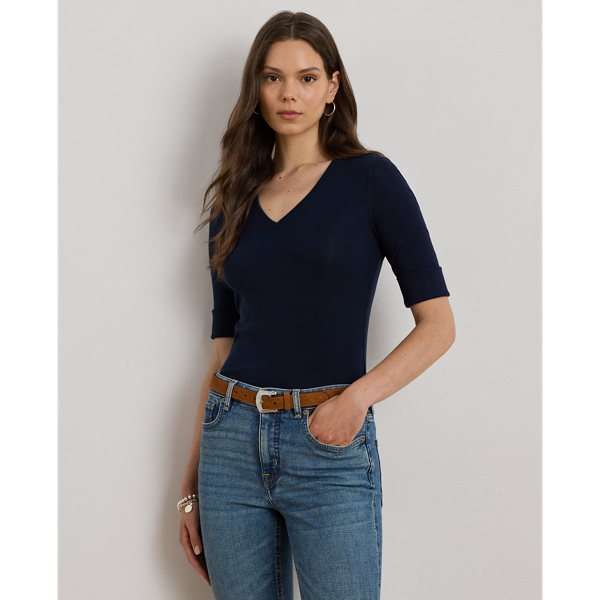 Lauren Navy Stretch Cotton Elbow-Sleeve V-Neck Tee Lauren 7