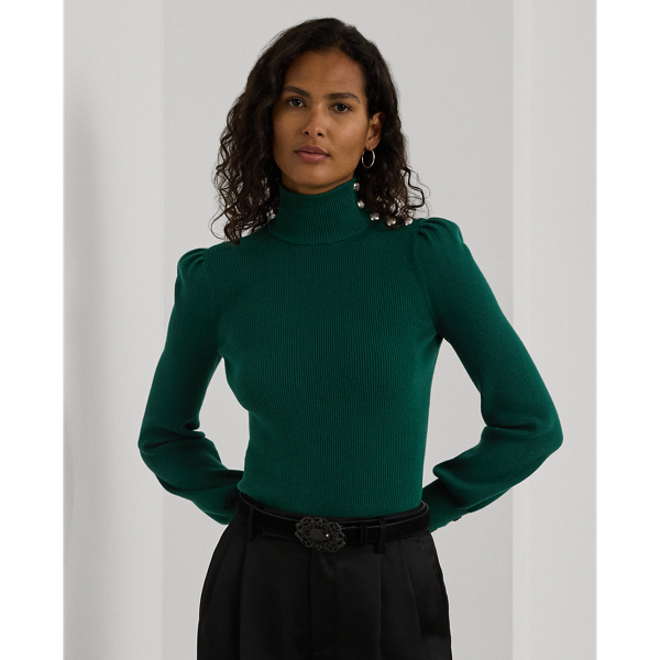 Deep Emerald Button-Trim Mockneck Sweater Lauren 1