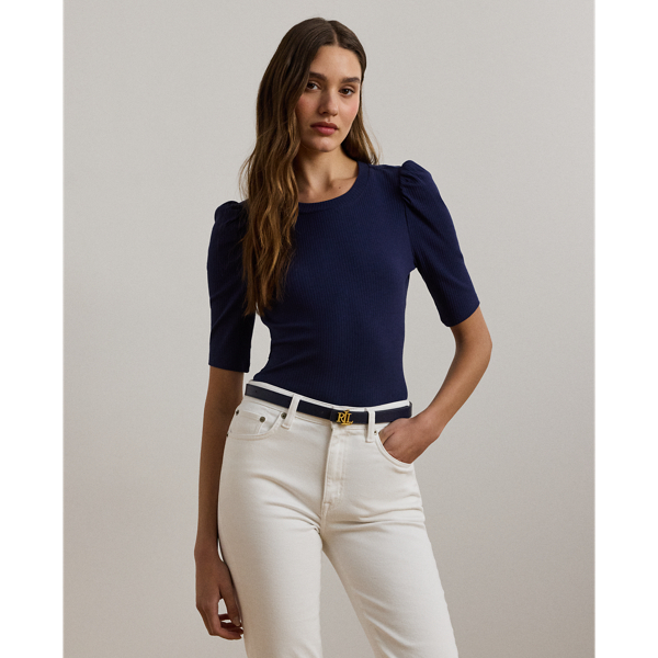 Cotton-Blend Rib-Knit Puff-Sleeve Tee