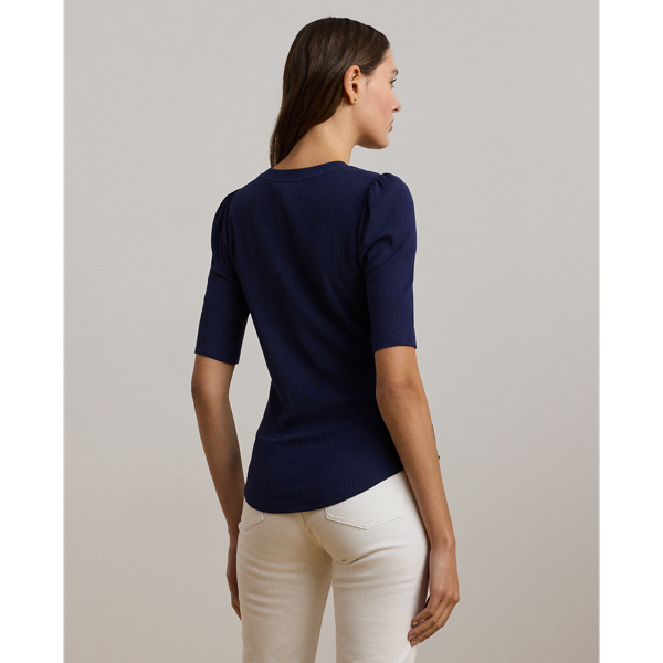 Cotton-Blend Rib-Knit Puff-Sleeve Tee