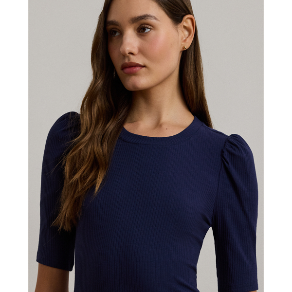 Refined Navy Cotton-Blend Rib-Knit Puff-Sleeve Tee Lauren 6