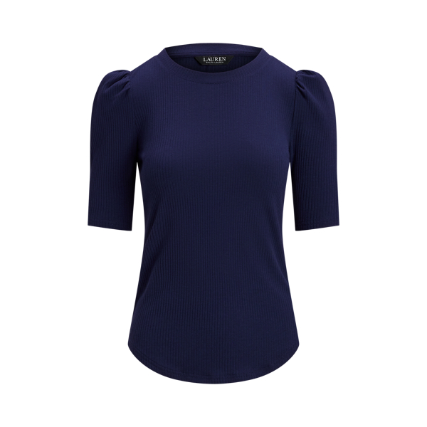 Refined Navy Cotton-Blend Rib-Knit Puff-Sleeve Tee Lauren 2