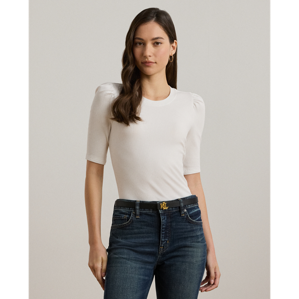 White Geripptes T-Shirt mit Puffärmeln Lauren 1
