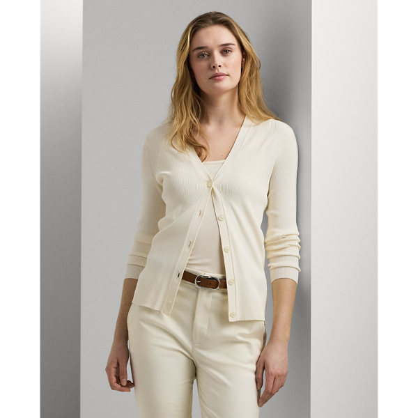 Mascarpone Cream Ribbed V-Neck Cardigan Lauren 1