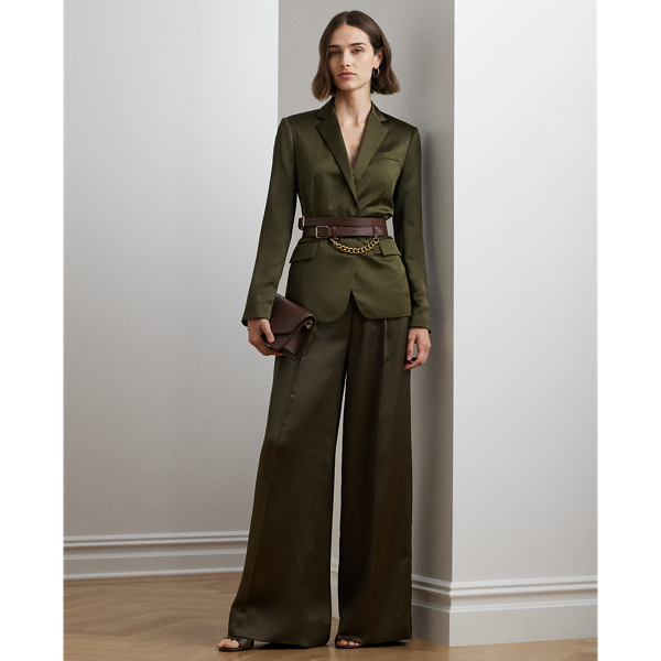 Botanic Green Pleated Satin Charmeuse Wide-Leg Pant Lauren 1