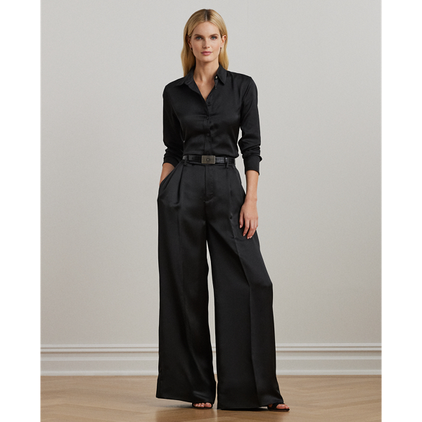 Black Pleated Satin Charmeuse Wide-Leg Pant Lauren 1