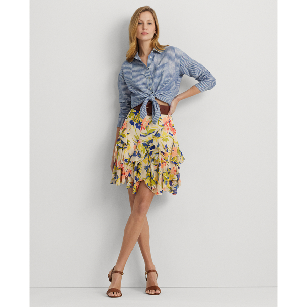 Floral Ruffle-Trim Georgette Skirt