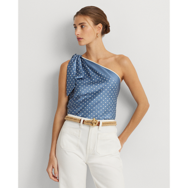 Blue/Cream Polka-Dot Charmeuse One-Shoulder Blouse Lauren 1