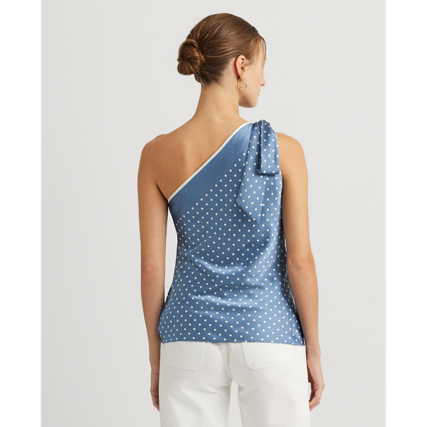 Blue/Cream Polka-Dot Charmeuse One-Shoulder Blouse Lauren 5