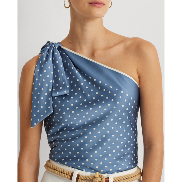 Blue/Cream Polka-Dot Charmeuse One-Shoulder Blouse Lauren 6