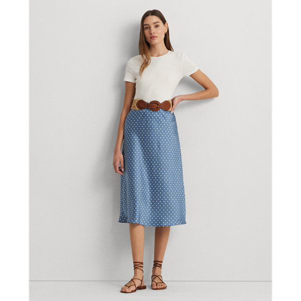 Blue/Cream Polka-Dot Satin Charmeuse Midi Skirt Lauren 1