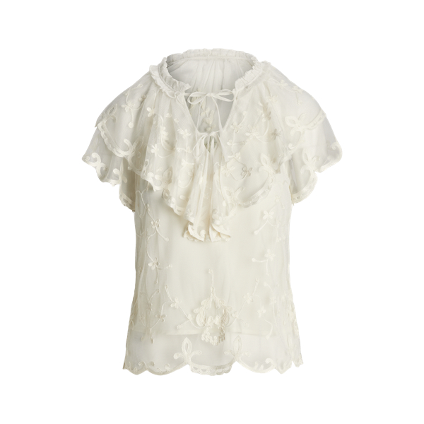 Ruffle-Trim Embroidered Mesh Blouse Lauren 1
