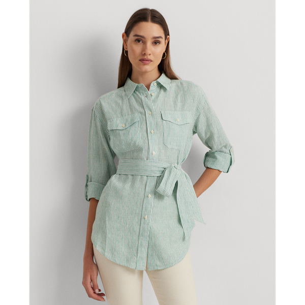 Soft Laurel/White Relaxed Fit Striped Belted Linen Shirt Lauren 1