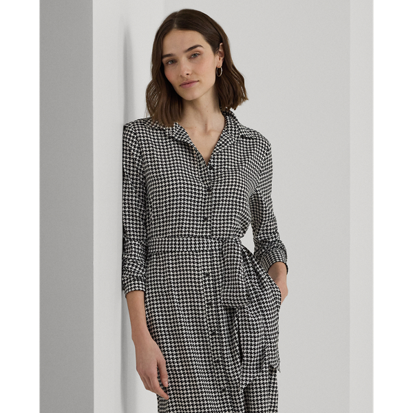 Houndstooth Belted Crepe Shirtdress