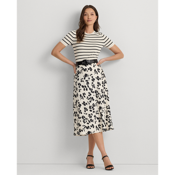 Leaf-Print Satin Charmeuse Midi Skirt