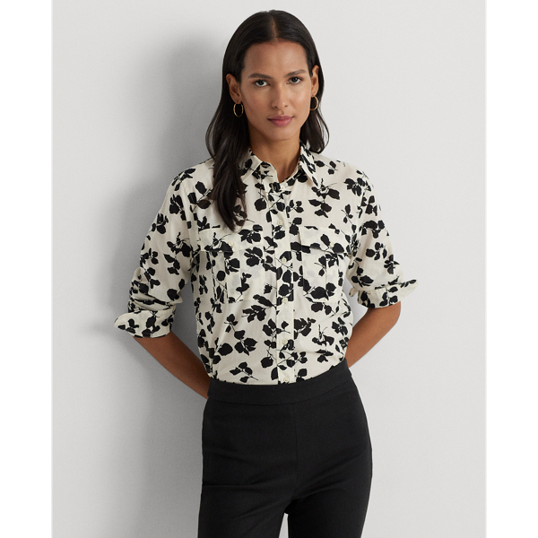 Cream/Black Classic Fit Leaf-Print Voile Shirt Lauren 1