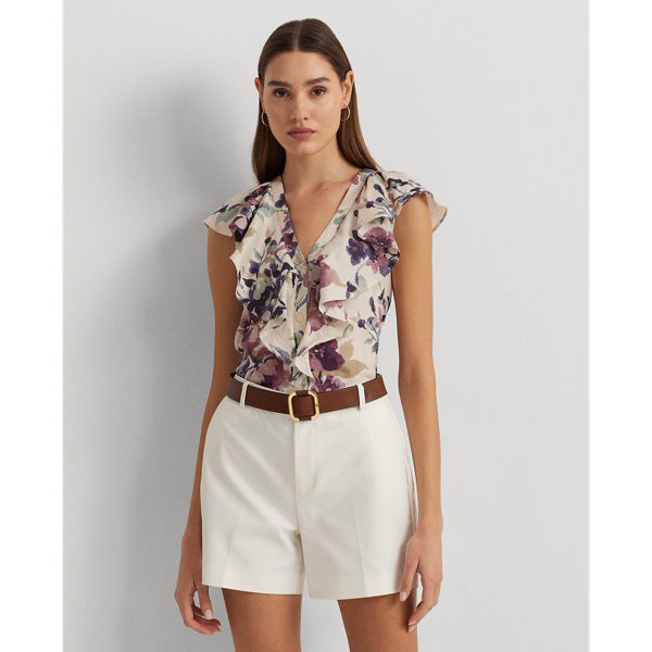 Cream Multi Floral Linen Flutter-Sleeve Shirt Lauren 1