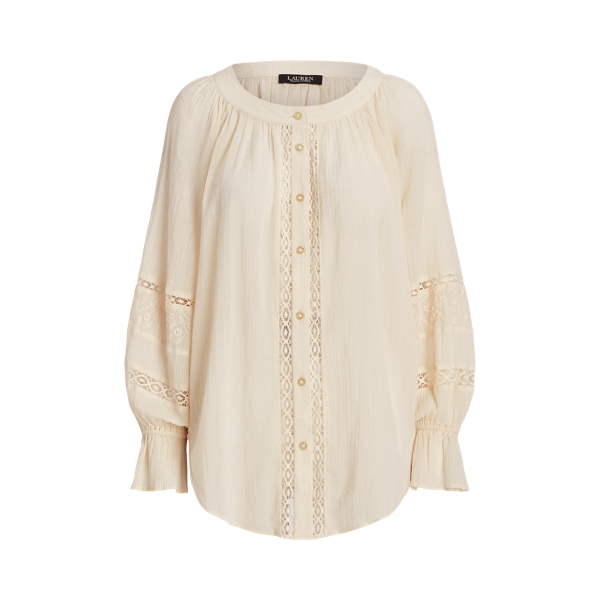 Lace-Trim Cotton Blouson-Sleeve Shirt Lauren 1