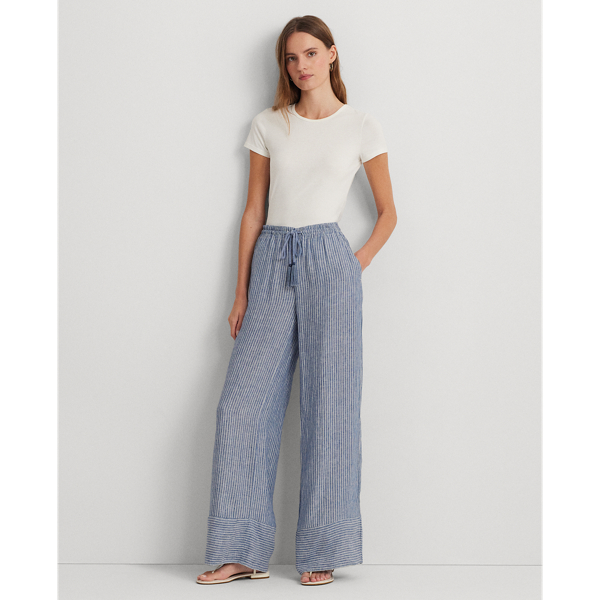 Blue/White Pinstripe Linen Wide-Leg Pant Lauren 1