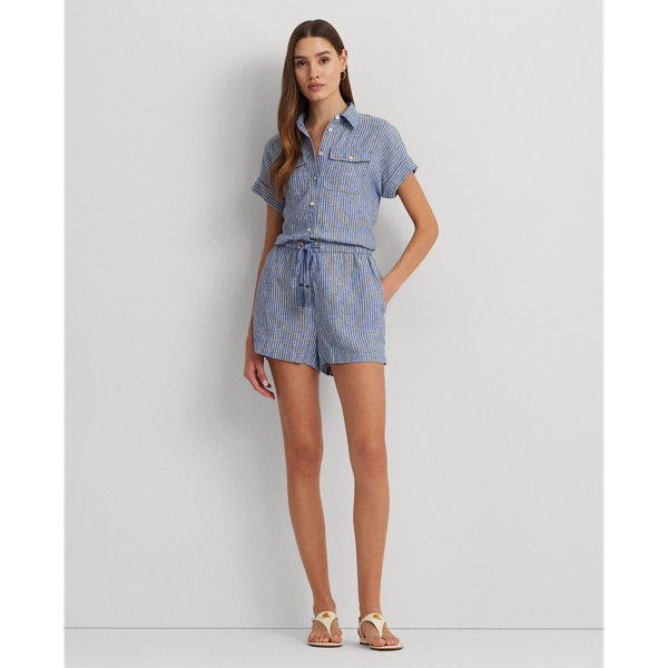 Blue/White Pinstripe Linen Short-Sleeve Romper Lauren 1