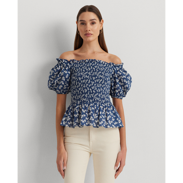 Blue/Cream Floral Cotton Voile Peplum Blouse Lauren 1