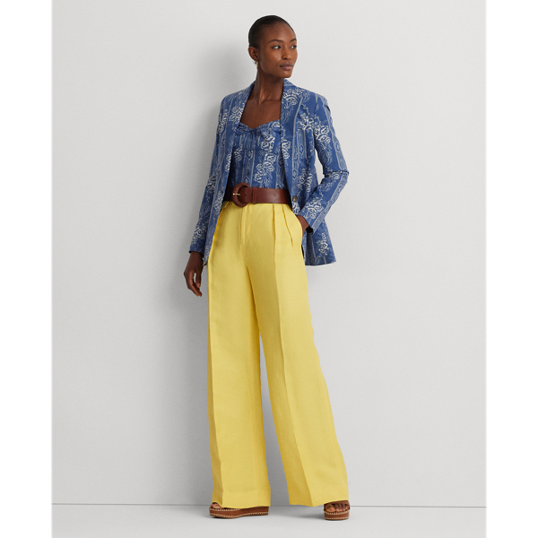 Primrose Yellow Pleated Linen-Blend Twill Wide-Leg Pant Lauren 1